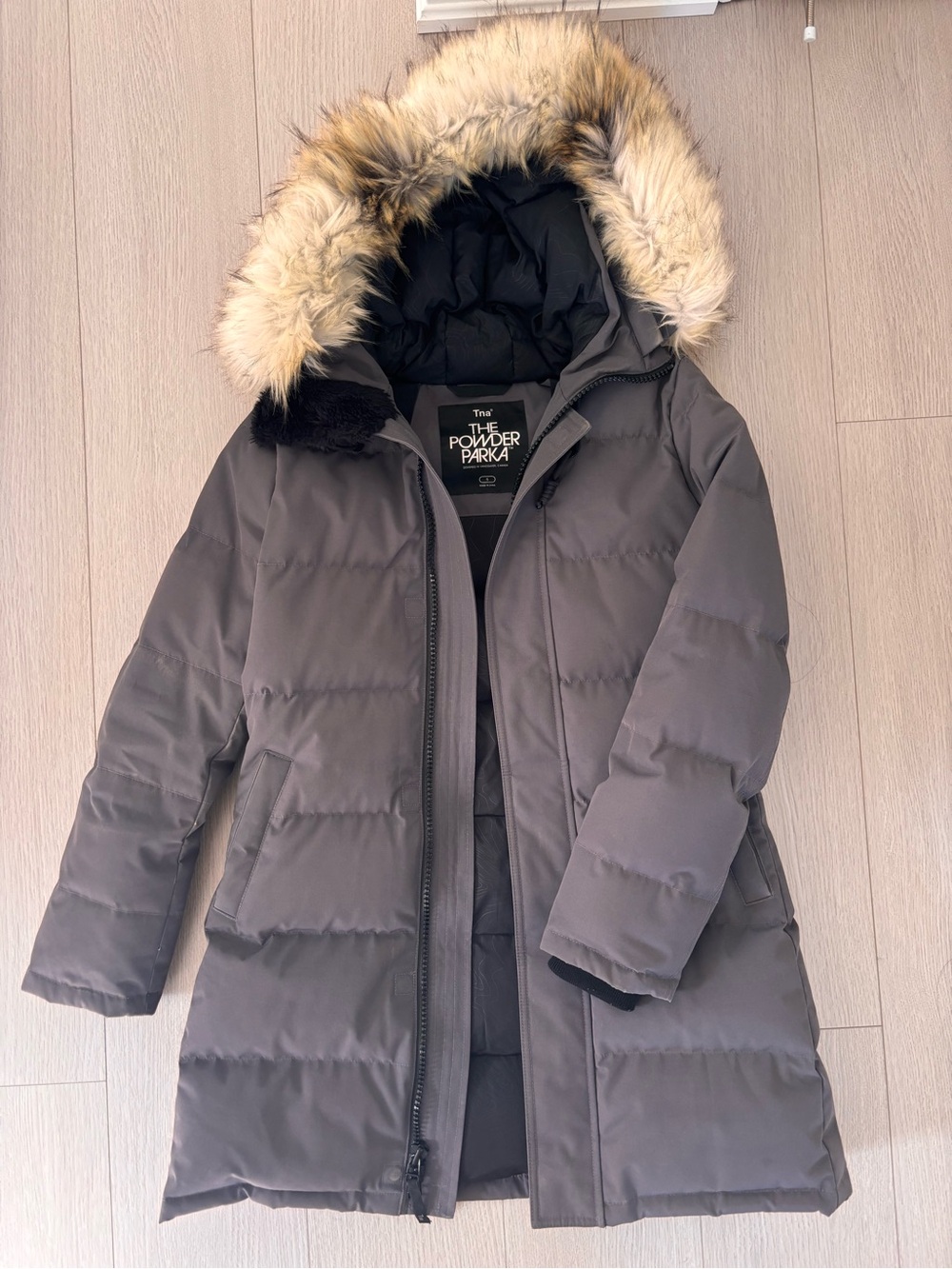 TNA The Powder Parka Long Puffer Coat with Faux Fur Hood - Gray